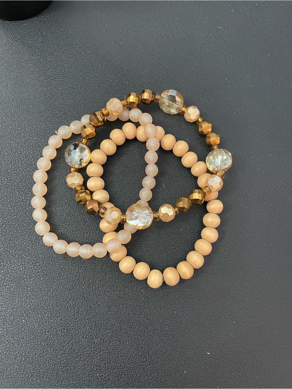 Beige and Gold Multi-String Beaded Bracelet Set - Picture 2 of 4
